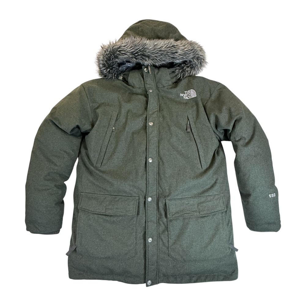 The North Face Parka Men XL Green 550 Down Wool Blend Faux Fur Hood ANG8